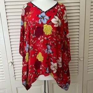 Johnny Was JADE Vega Red Floral V-neck Silk Pullover Half Sleeve Hi-Lo Hem Tunic